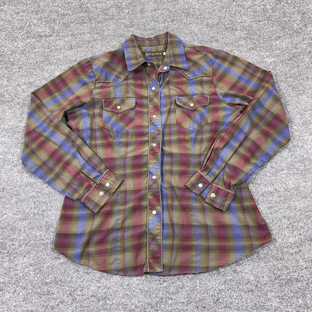 Roper Shirt Women Large Green Plaid Long Sleeve Collared Snap Western
